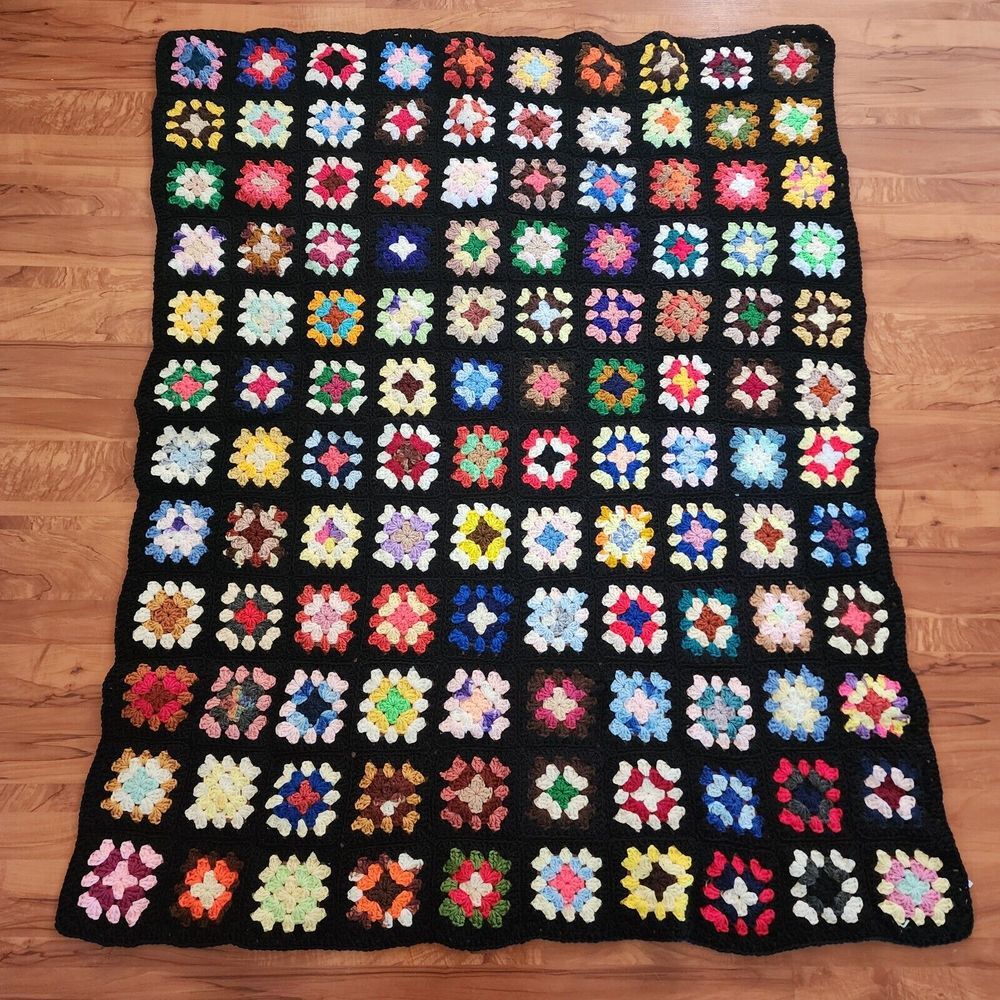 Vintage‎ Crochet Afghan Granny Multicolor Square Blanket 49" X 59"  Couch Throw